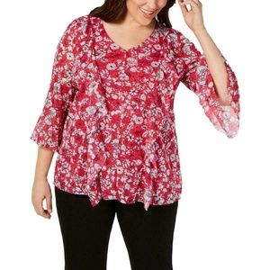 (NWT) Alfani Women's Pink Ruffled Front V-Neck Floral Mesh Top Plus Size 2X